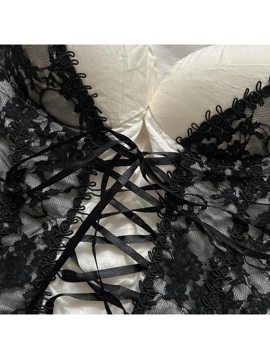 Rue21 Y2K black and white lace corset top with ribbon tie up front Size S - Picture 2 of 7